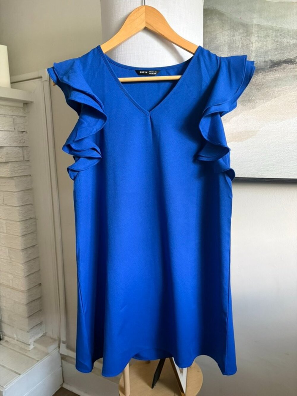 Royal Blue Ruffle Sleeve V Neck Shift Mini Dress